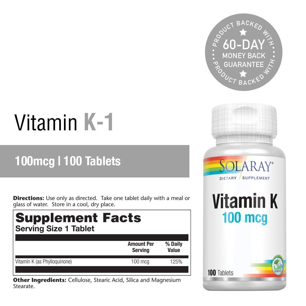 SOLARAY Vitamin K-1 100mcg | Healthy Bone Structure, Blood Clotting, Protein Synthesis Support | Non-GMO, Vegan &amp; Lab Verified | 100 Tablets - Supplement Facts panel