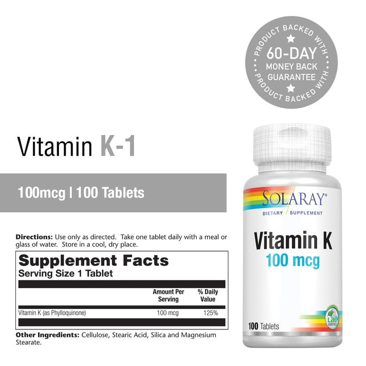 SOLARAY Vitamin K-1 100mcg | Healthy Bone Structure, Blood Clotting, Protein Synthesis Support | Non-GMO, Vegan &amp; Lab Verified | 100 Tablets - Supplement Facts panel