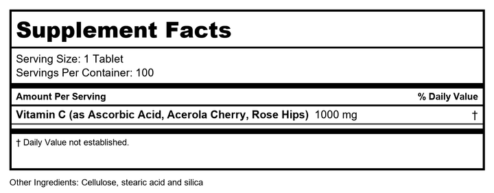 SOLARAY Vitamin C 1000 mg with Rose Hips &amp; Acerola, Two-Stage Timed-Release, Long Lasting Immune Support, 100 Tablets - Supplement Facts panel
