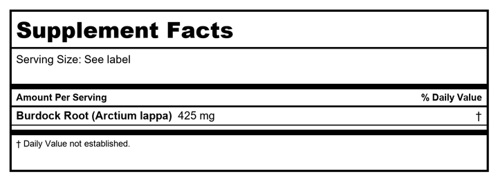 SOLARAY Burdock Root 425 mg | Healthy Liver, Kidney, Digestion, Circulation, Joint &amp; Skin Support | Antioxidant Activity | Non-GMO | 100 VegCaps - Supplement Facts panel