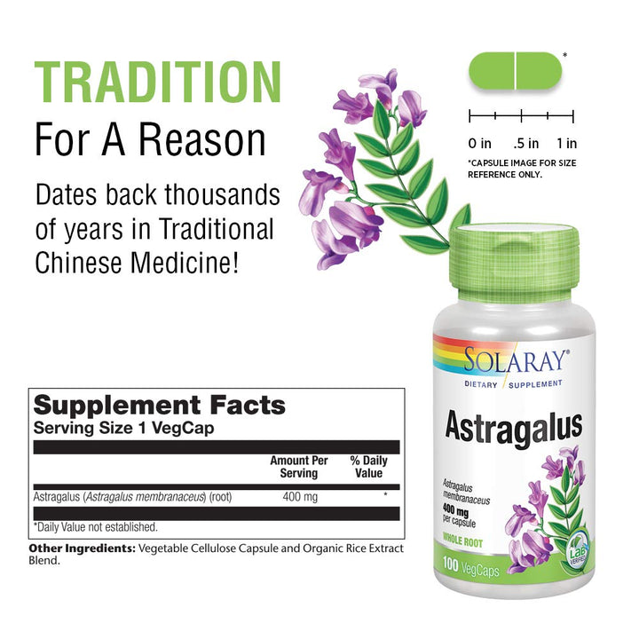 Solaray Astragalus Root 400mg - 100 VegCaps  00130 - Supplement Facts panel