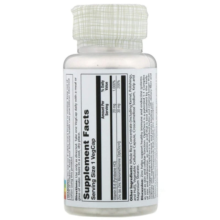 Solaray OptiZinc 30mg 60 VegCaps - Supplement Facts panel