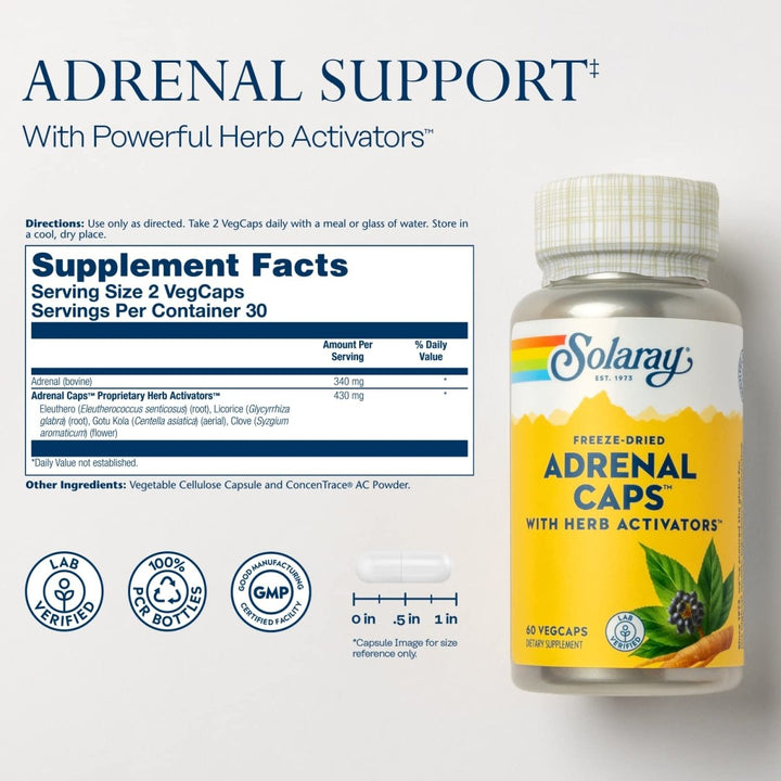 SOLARAY Adrenal Caps Freeze Dried, Veg Cap (Btl-Plastic) 170mg 60ct - Supplement Facts panel