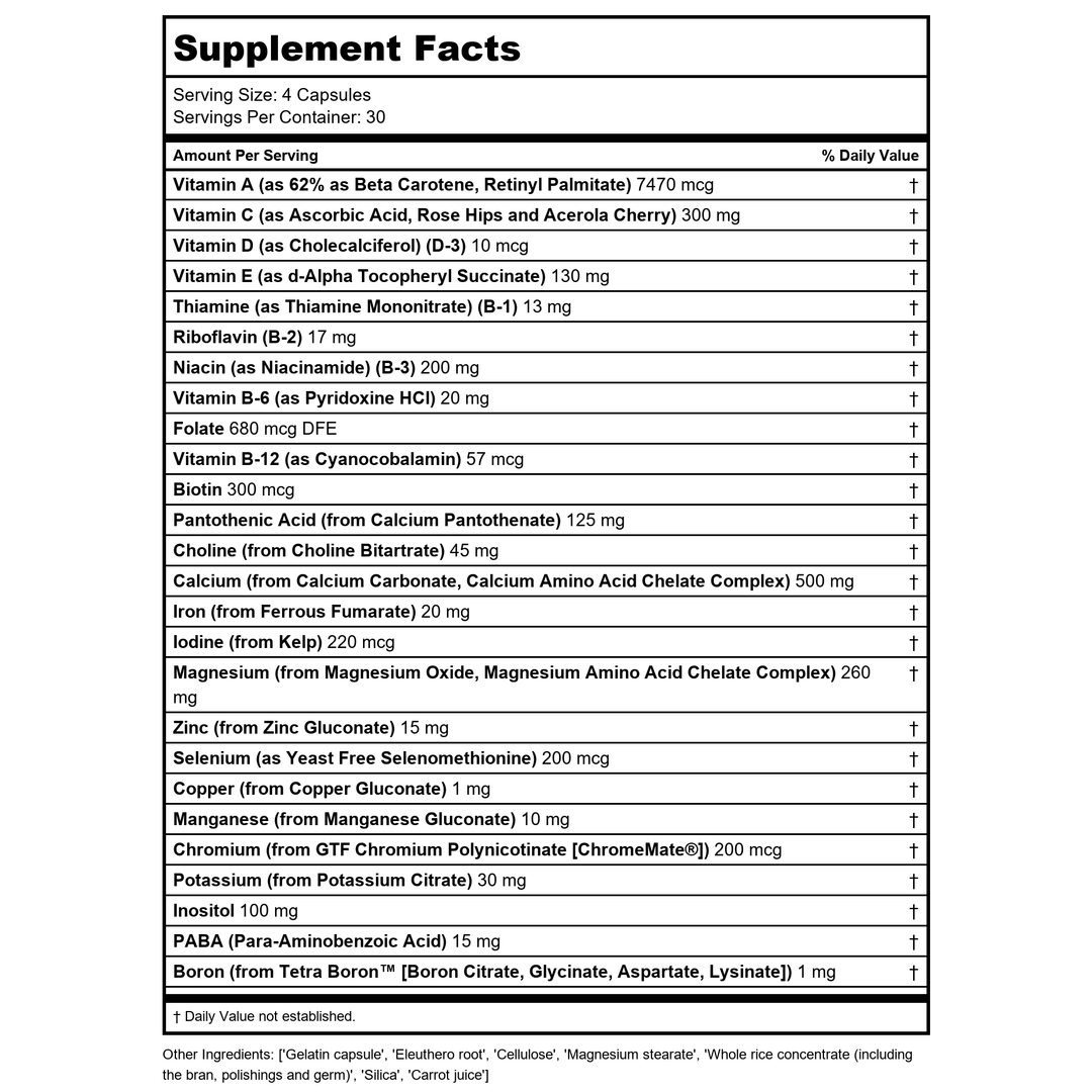 SOLARAY Multi-Vita Mega-Mineral Multi-Vitamin Capsules | 120 Count - Supplement Facts panel