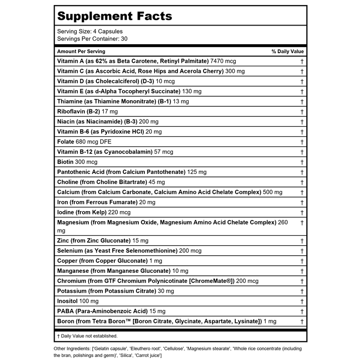 SOLARAY Multi-Vita Mega-Mineral Multi-Vitamin Capsules | 120 Count - Supplement Facts panel