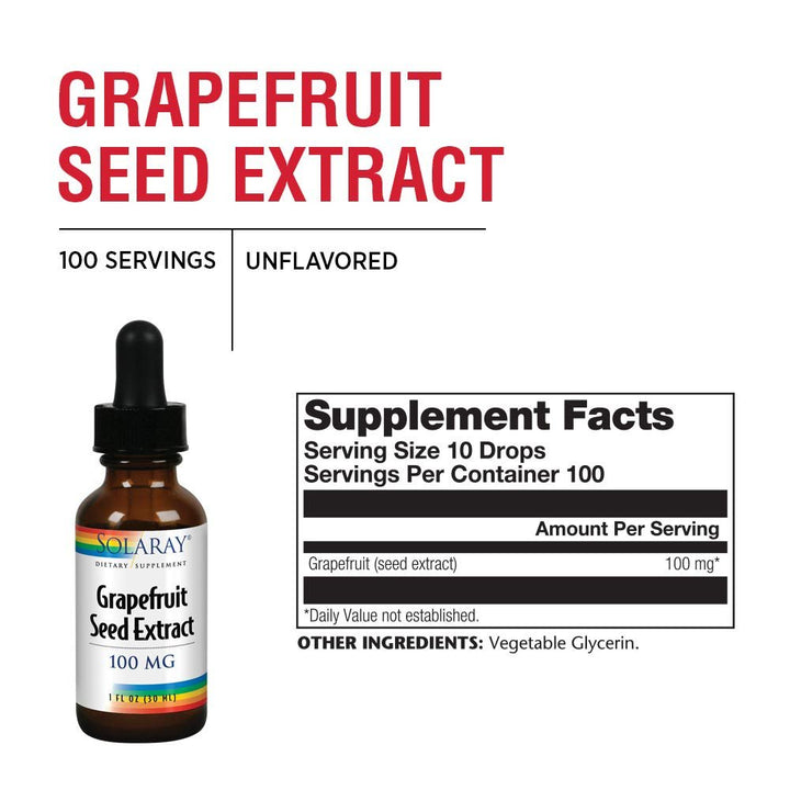 Solaray Grapefruit Seed Extract 100mg | Unflavored Liquid GSE for Healthy Immune System &amp; Digestion Support | Vegan | 100 Servings | 1 Fl. Oz. - Supplement Facts panel