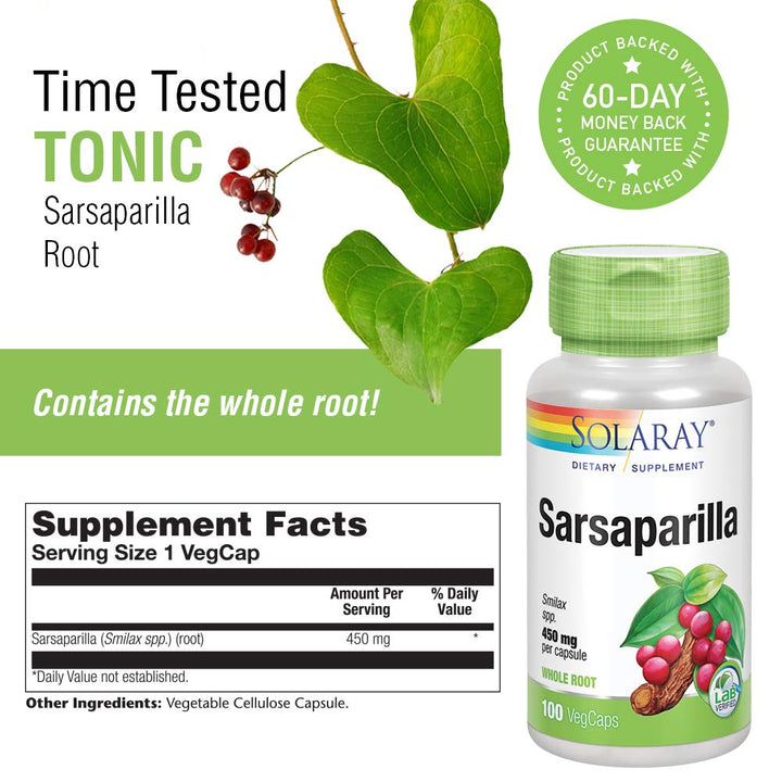 SOLARAY Sarsaparilla Root, Veg Cap (Btl-Plastic) 450mg 100ct - Supplement Facts panel