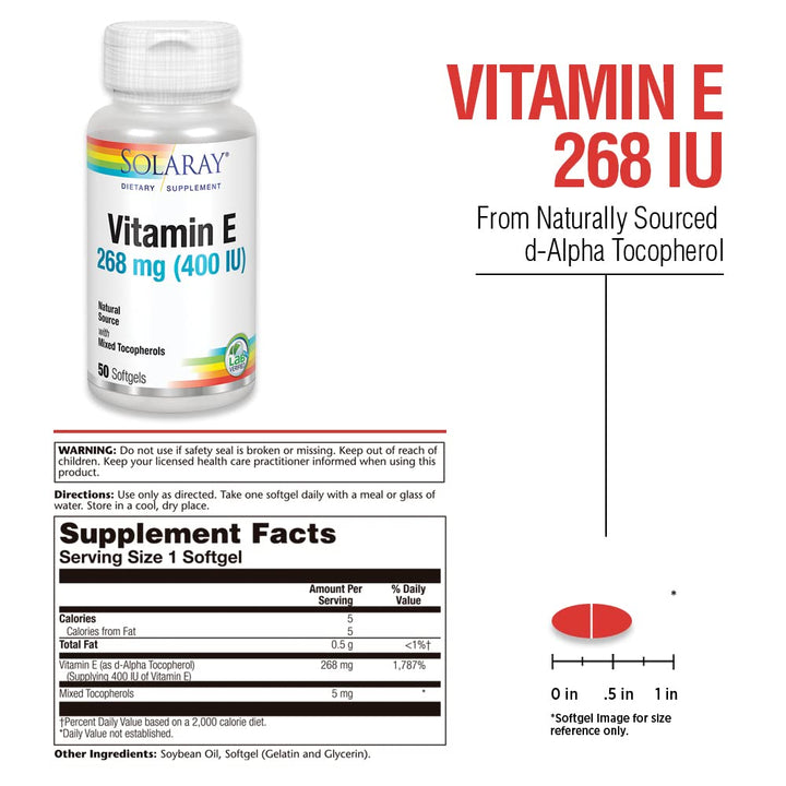 SOLARAY Vitamin E d-Alpha Tocopherol 268mg (400 IU) | Heart &amp; Skin Health, Antioxidant Activity Support (50 CT) - Supplement Facts panel