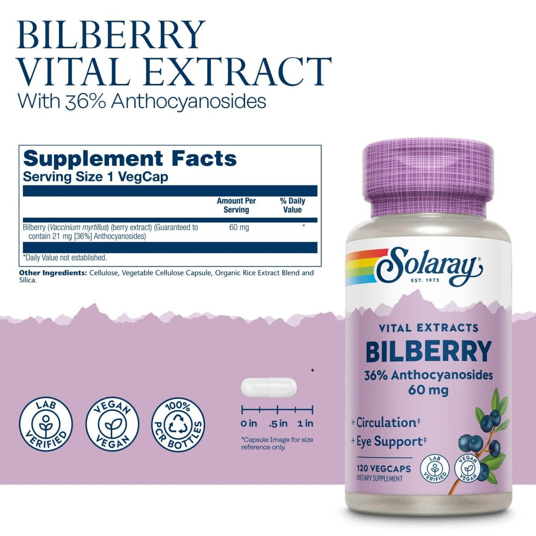 SOLARAY Bilberry Berry Extract 60 mg Per Capsule, Powerful Antioxidant, Guaranteed Potency for Healthy Vision &amp; Circulation Support 120 VegCaps - Supplement Facts panel