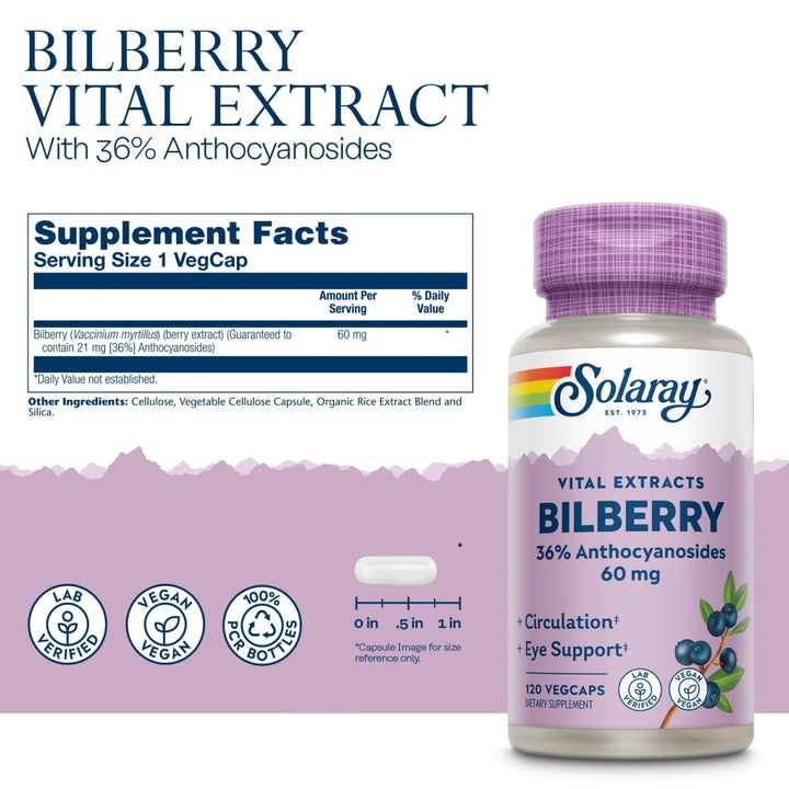 SOLARAY Bilberry Berry Extract 60 mg Per Capsule, Powerful Antioxidant, Guaranteed Potency for Healthy Vision &amp; Circulation Support 120 VegCaps - Supplement Facts panel