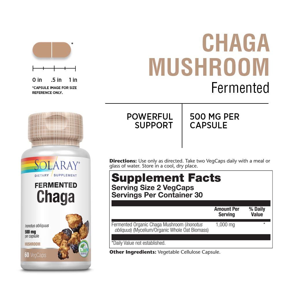 SOLARAY Fermented Chaga Mushroom 500 mg | Healthy Immune Function Support | 30 Servings | 60 VegCaps - Supplement Facts panel