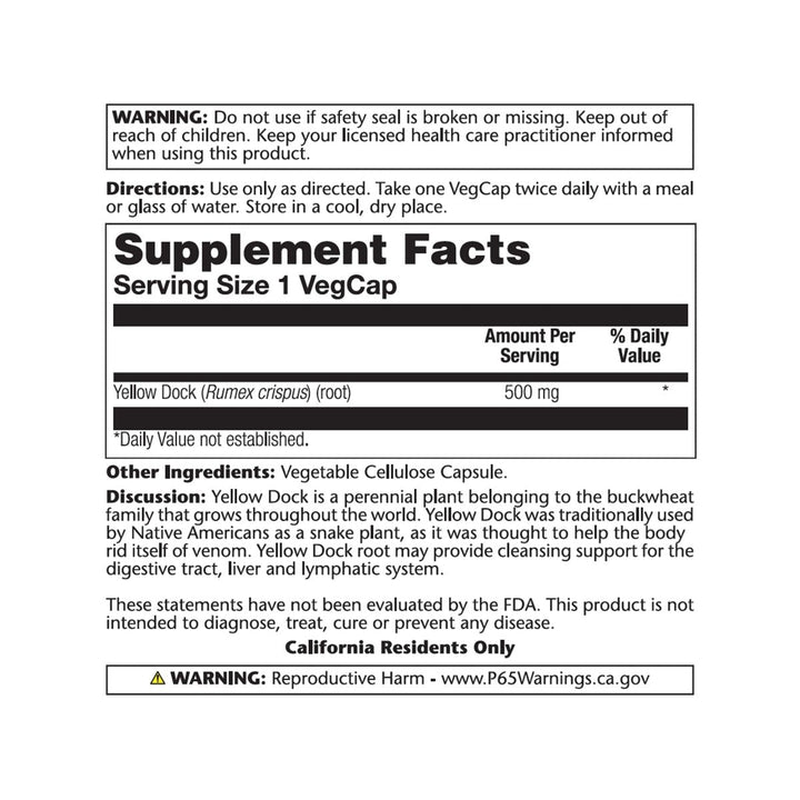 SOLARAY Yellow Dock Root, Veg Cap (Btl-Plastic) 500mg 100ct - Supplement Facts panel