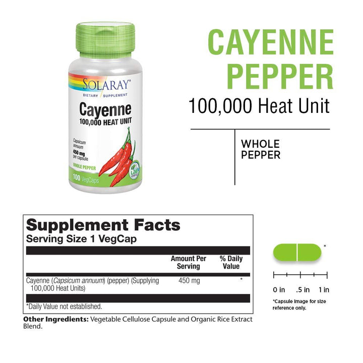 SOLARAY Cayenne Pepper 450 mg | 100,000 Heat Unit | Healthy Digestion, Circulation, Metabolism &amp; Cardiovascular Support | Non-GMO | 100 VegCaps - Supplement Facts panel