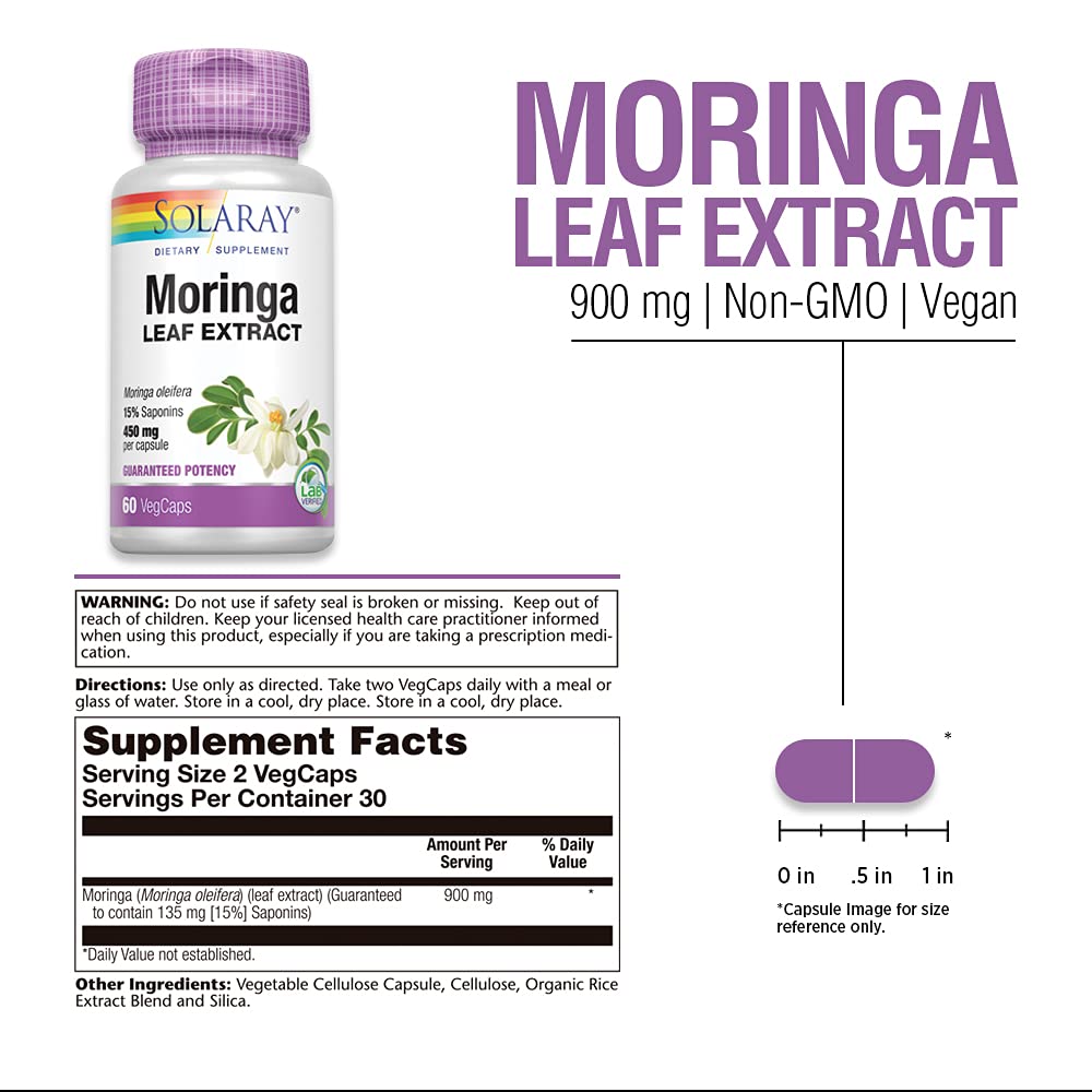 SOLARAY Guaranteed Potency Moringa Leaf Extract, Veg Cap (Btl-Plastic) 450mg | 60ct - Supplement Facts panel