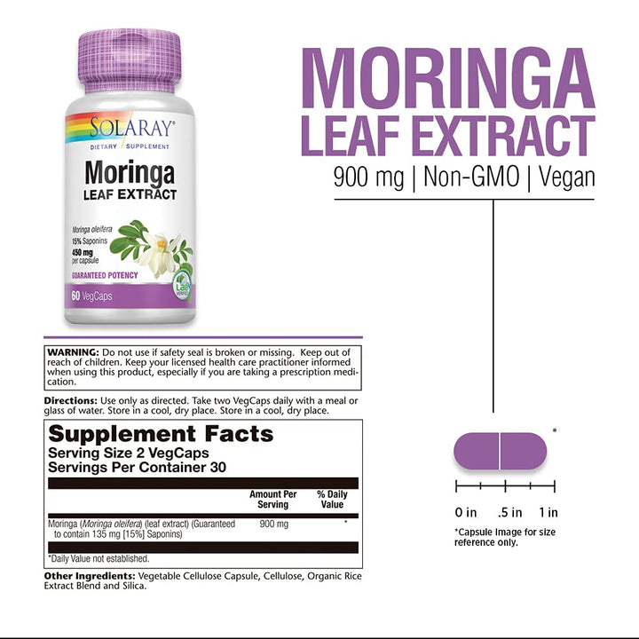 SOLARAY Guaranteed Potency Moringa Leaf Extract, Veg Cap (Btl-Plastic) 450mg | 60ct - Supplement Facts panel