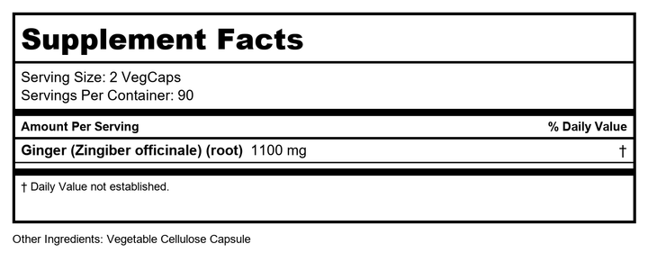 SOLARAY Ginger Root 1100mg | Healthy Digestion, Joints and Motion &amp; Stomach Discomfort Support | Whole Root | Non-GMO &amp; Vegan | 180 VegCaps - Supplement Facts panel