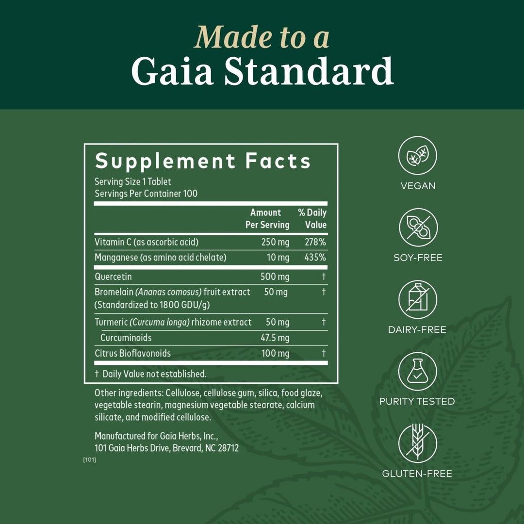 Gaia PRO Quercetin Synergy 500-  100 Vegan Tablets (100 Servings) - Supplement Facts panel