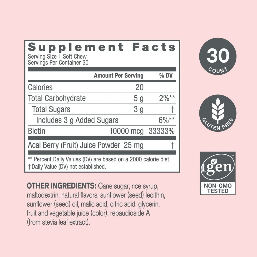 NeoCell Biotin Beauty Soft Chews - Acai Berry Flavor - 30 Count - Supplement Facts panel