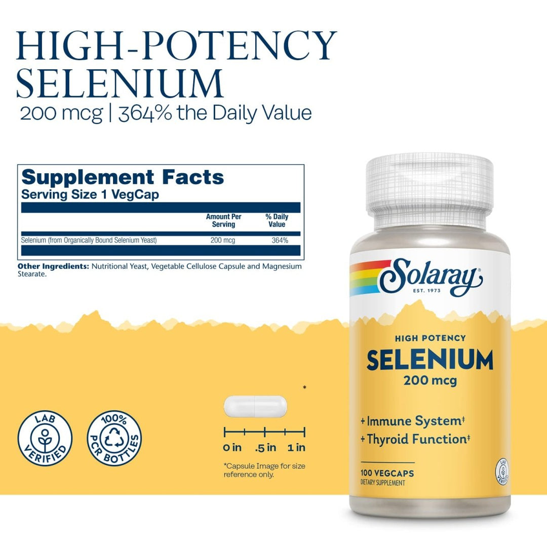 Solaray Selenium, High Potency, Healthy Immune System, Thyroid Function &amp; Antioxidant Support, 100 VegCaps - Supplement Facts panel