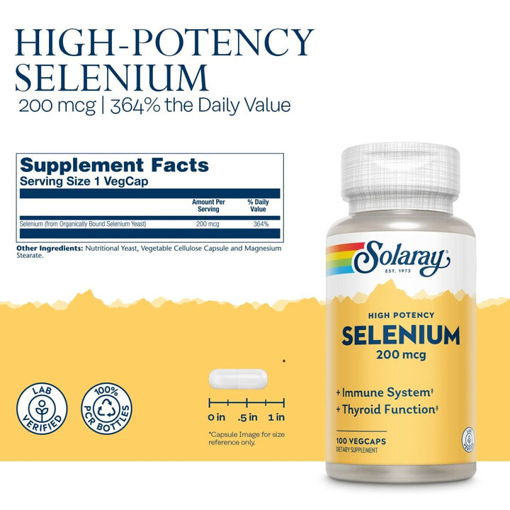 Solaray Selenium, High Potency, Healthy Immune System, Thyroid Function &amp; Antioxidant Support, 100 VegCaps - Supplement Facts panel