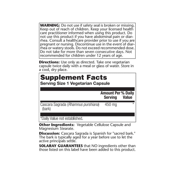 SOLARAY Cascara Sagrada Capsules - Natural Herbal Support for Healthy Bowel Function - 180 Count - Supplement Facts panel