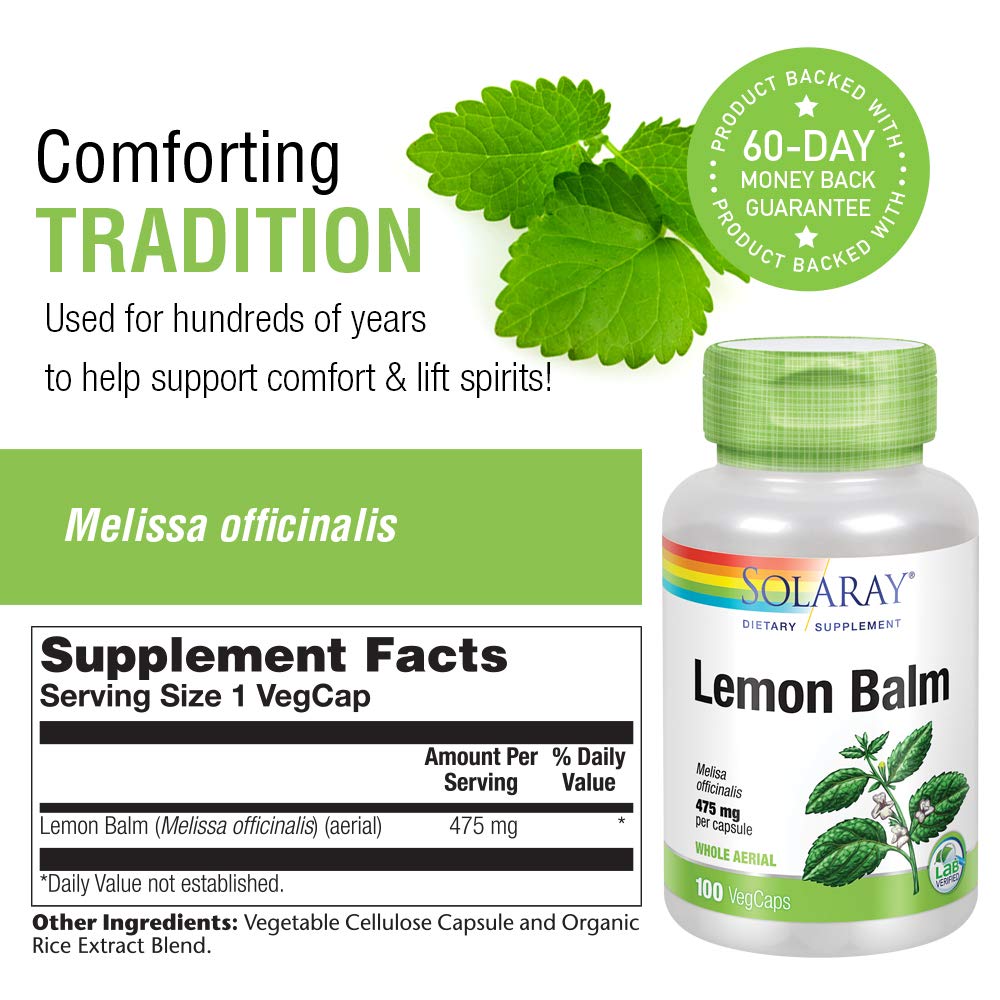 SOLARAY Lemon Balm Aerial 475mg | Healthy Mental Calm &amp; Relaxation and Rest Support | Whole Aerial for Full Nutrient Profile | Non-GMO, Vegan | 100 CT - Supplement Facts panel
