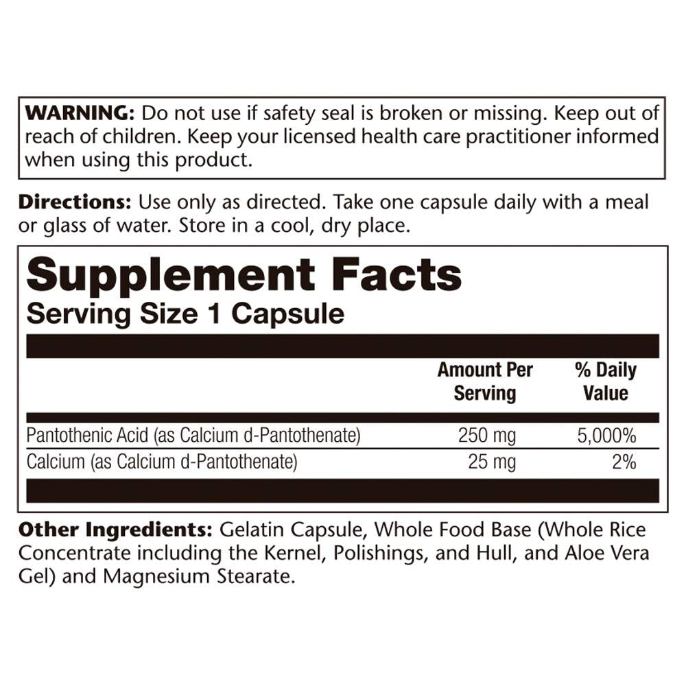 SOLARAY Pantothenic Acid 250mg - 100CT | Vitamin B5 for Energy Metabolism, Hair, Skin, Nails &amp; Digestive Support - Supplement Facts panel