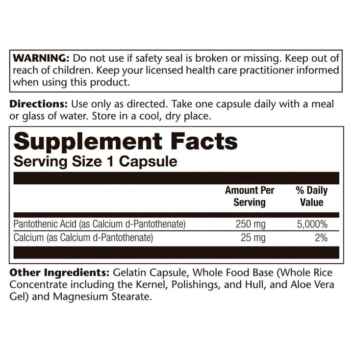 SOLARAY Pantothenic Acid 250mg - 100CT | Vitamin B5 for Energy Metabolism, Hair, Skin, Nails &amp; Digestive Support - Supplement Facts panel