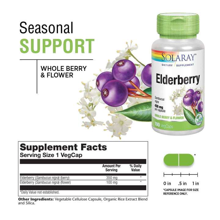 SOLARAY Elderberry Berry &amp; Flower 450mg | Support for General Wellbeing During Cold Months | with Flavonoids &amp; Phenolic Compounds | Non-GMO | 100ct - Supplement Facts panel