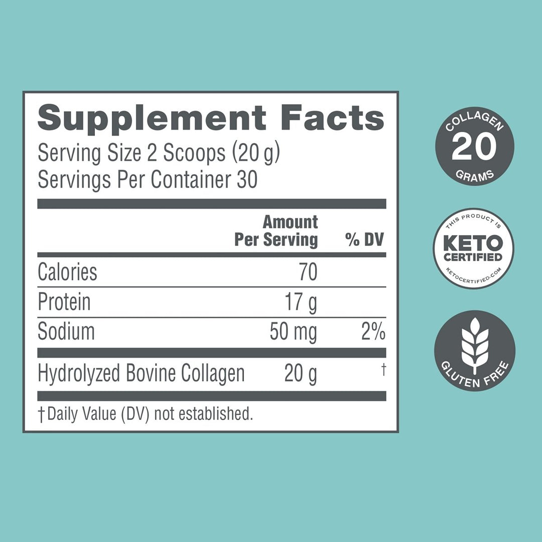NeoCell Super Collagen Peptides, 20g Collagen Peptides per Serving, Gluten Free, Keto Friendly, Non-GMO, Grass Fed, Healthy Hair, Skin, Nails and Joints, Unflavored Powder, 21.2 oz., 1 Canister - Supplement Facts panel
