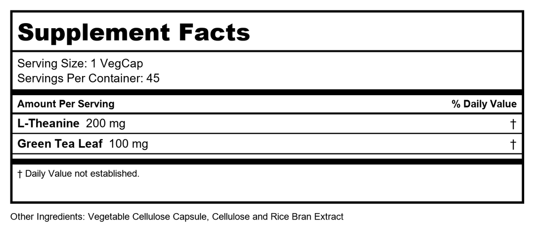 Solaray L-Theanine - 45 VegCaps - 200 mg + 100 mg Green Tea Leaf - Supplement Facts panel