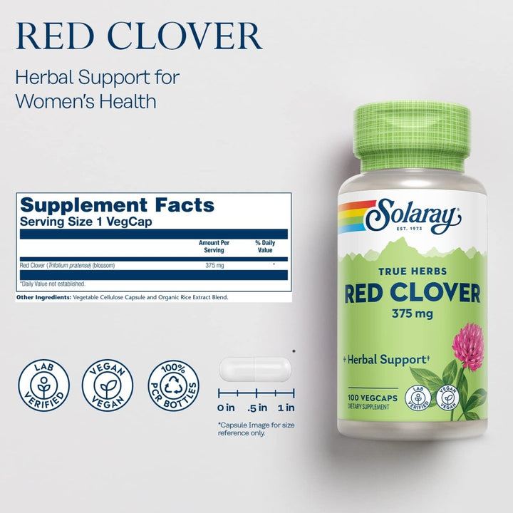 Solaray Red Clover Blossom, Veg Cap (Btl-Plastic) 375mg | 100ct - Supplement Facts panel