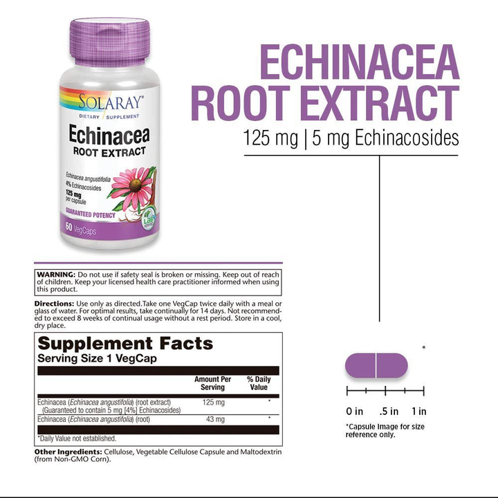 SOLARAY Echinacea Angustifolia Root Extract 125 mg | Healthy Immune &amp; Respiratory Function Support | 60 VegCaps - Supplement Facts panel