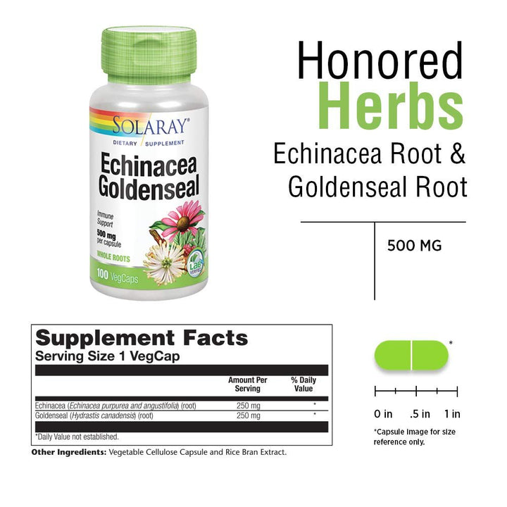 SOLARAY Echinacea Root &amp; Goldenseal Root 500mg | Healthy Immune &amp; Respiratory System Support | Non-GMO, Vegan &amp; Lab Verified | 100 VegCaps - Supplement Facts panel