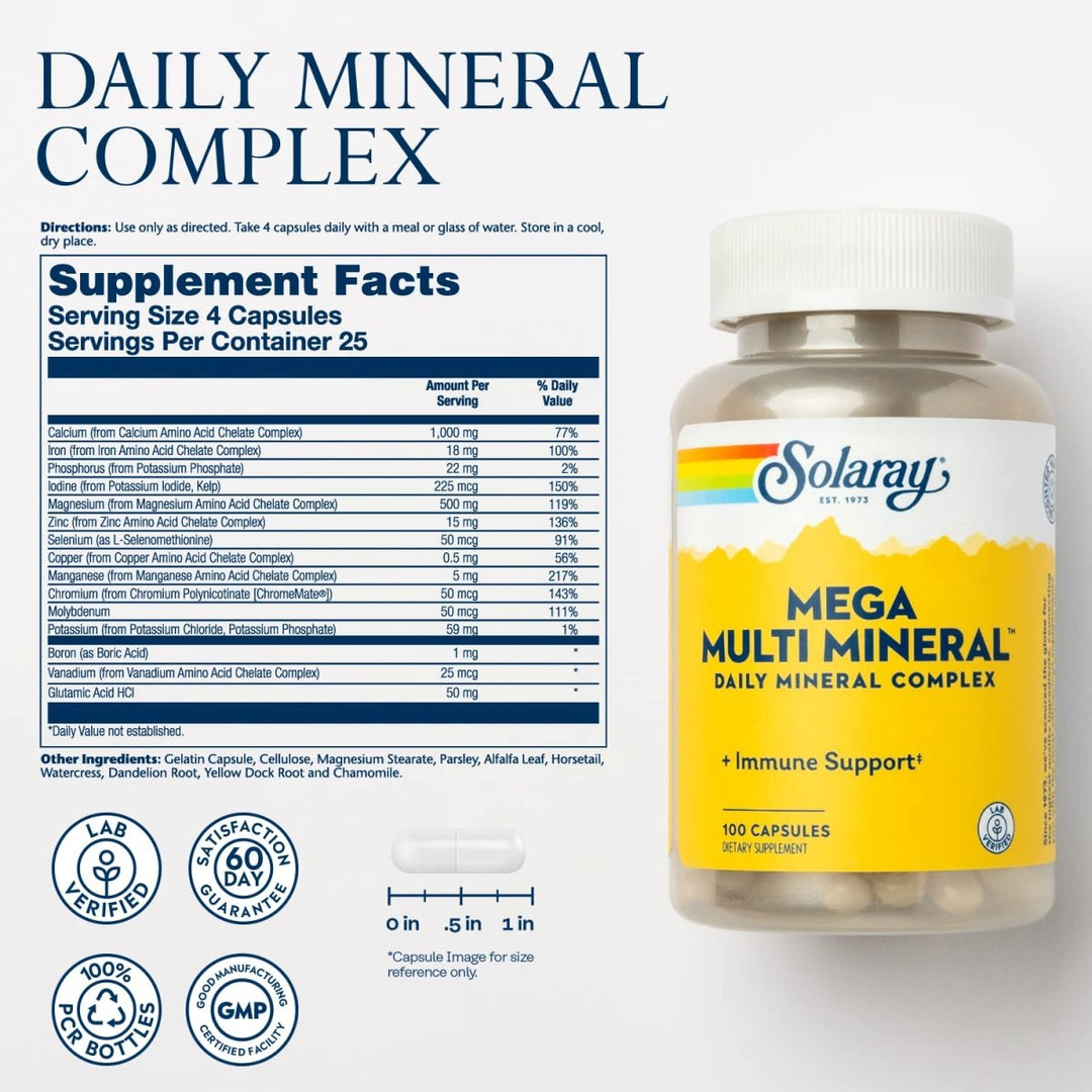 Solaray Mega Multi Mineral, 200 Capsules (25 Servings, 100 Capsules) - Supplement Facts panel