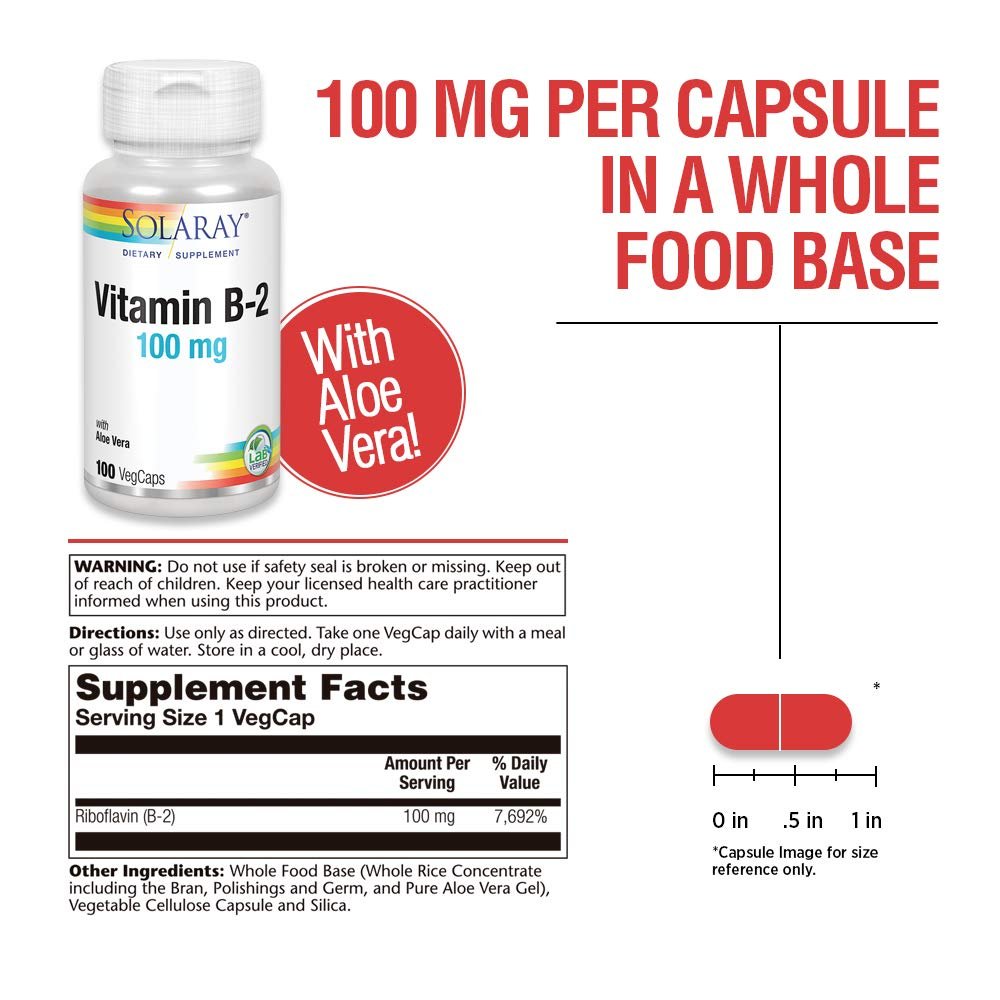 SOLARAY Vitamin B-2 Riboflavin 100 mg with Aloe Vera - 100 CT - Supplement Facts panel
