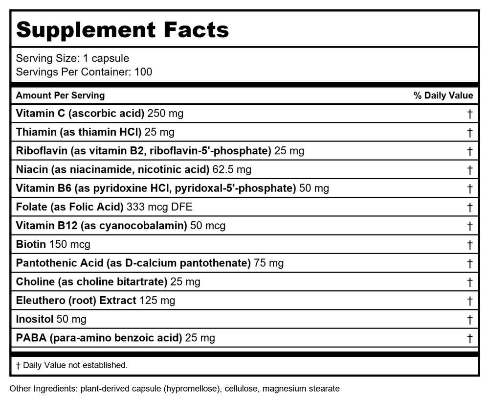 Nature's Way Premium Blend B-Stress Formula 100 vegan capsules - Supplement Facts panel