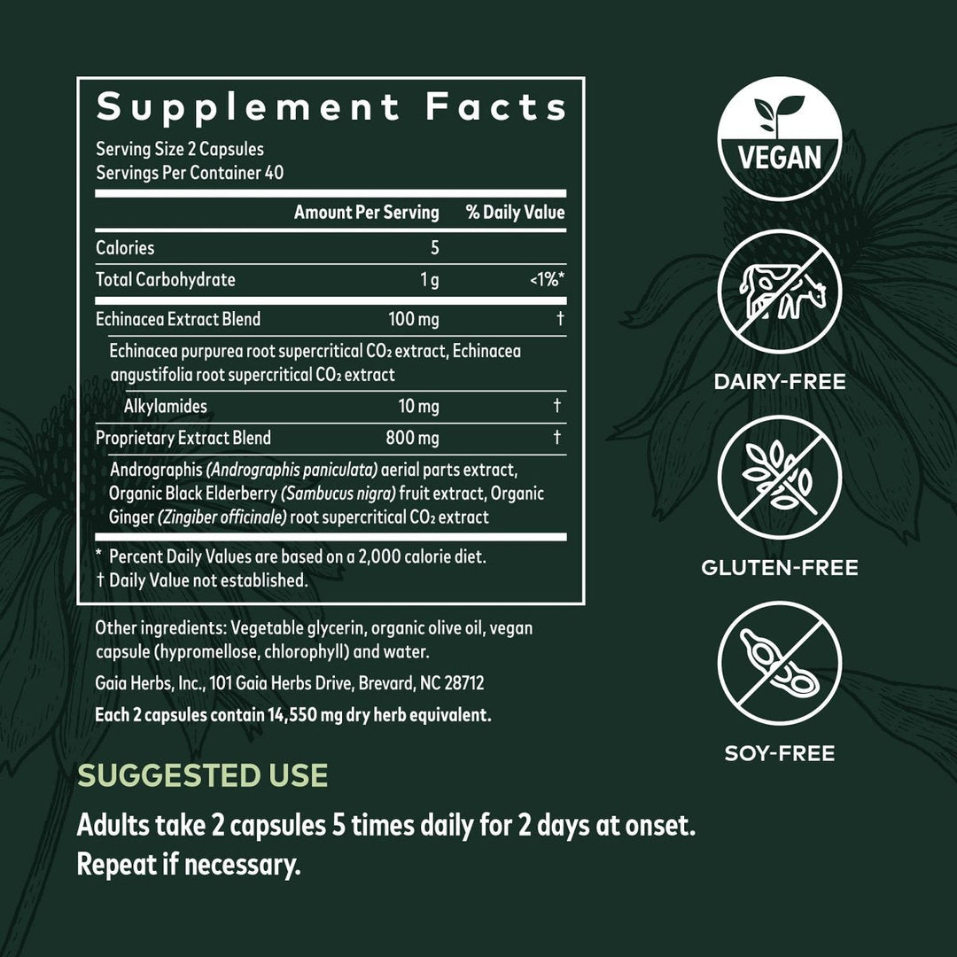 Gaia Herbs Quick Defense -  80 Vegan Liquid Phyto-Capsules (8-Day Supply) - Supplement Facts panel