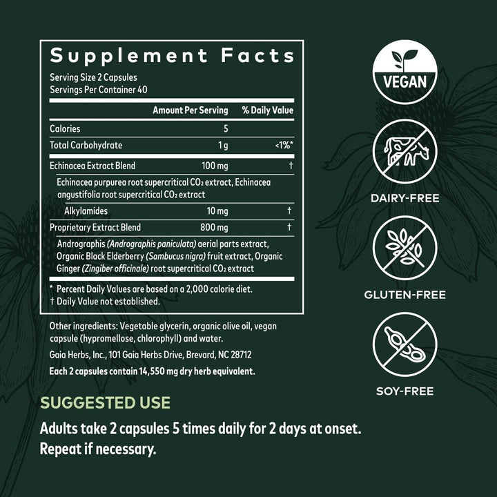 Gaia Herbs Quick Defense -  80 Vegan Liquid Phyto-Capsules (8-Day Supply) - Supplement Facts panel
