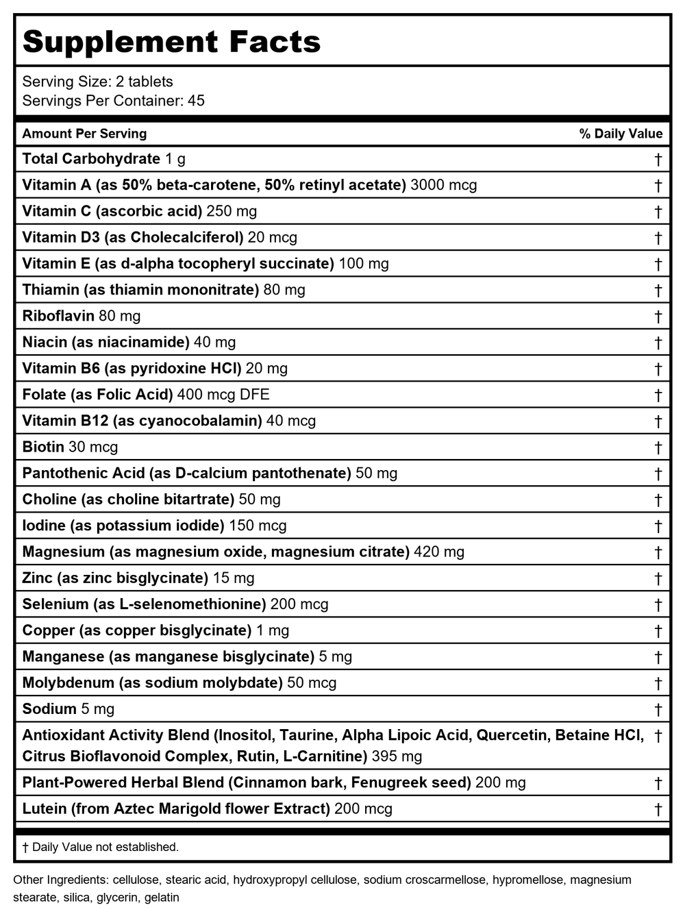Nature's Way - Completia Diabetic Multivitamin, 90 Tablets - Supplement Facts panel