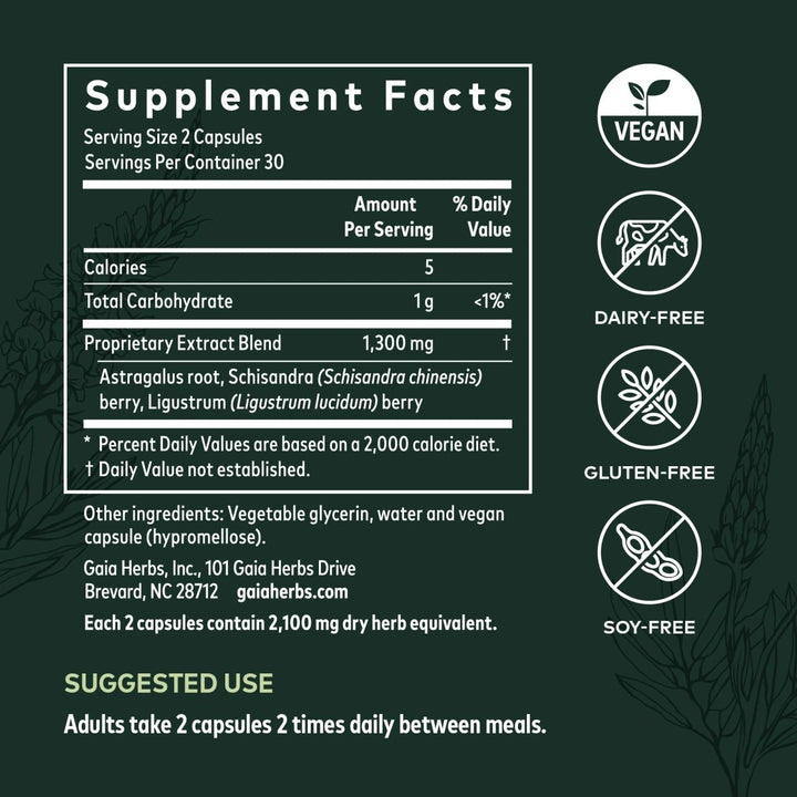 Gaia Pro 3-in-1 Immune Formula (Astragalus Supreme) - 60 Vegan Liquid Phyto-Caps - Supplement Facts panel
