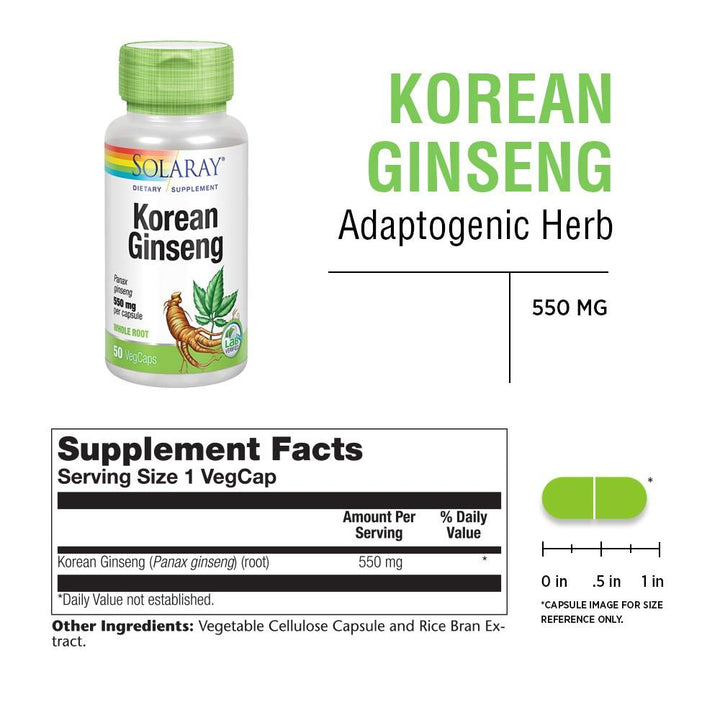 SOLARAY Korean Ginseng 550 mg | Healthy Stress, Energy &amp; Physical Endurance Support | 50 VegCaps - Supplement Facts panel