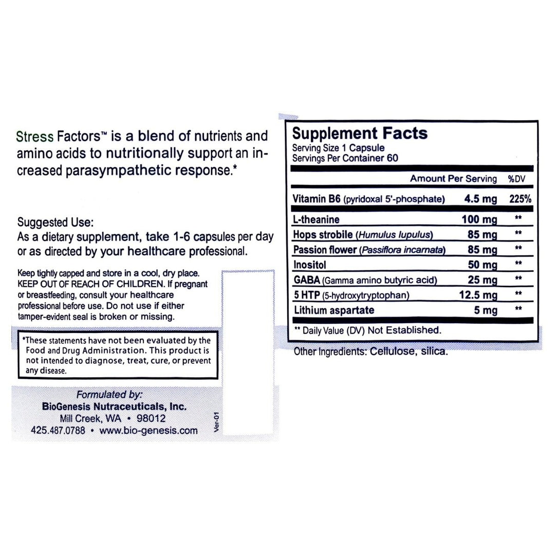 Nutra BioGenesis Stress Factors - 120 Caps - Vitamin B6, Lithium and GABA to Help Support Stress Response and Mental Health - 60 Capsules - Supplement Facts panel