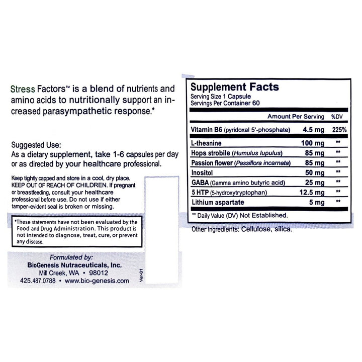 Nutra BioGenesis Stress Factors - 120 Caps - Vitamin B6, Lithium and GABA to Help Support Stress Response and Mental Health - 60 Capsules - Supplement Facts panel