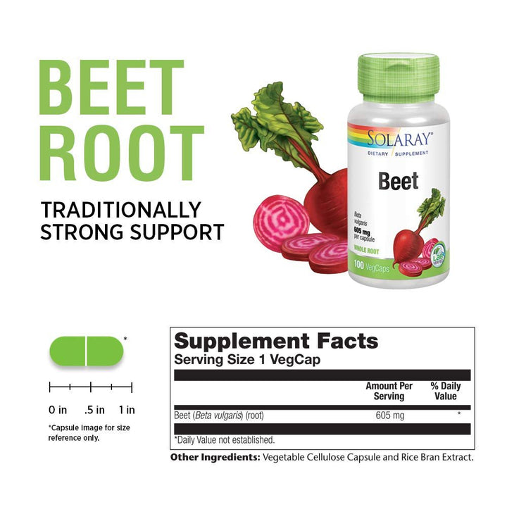 SOLARAY Beet Root 605mg - 100 VegCaps - Supplement Facts panel