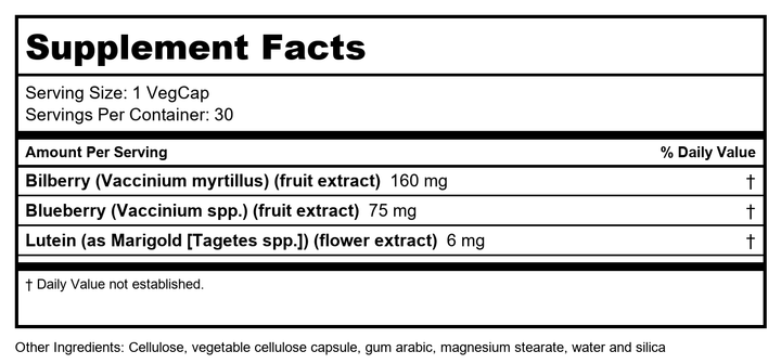 Solaray Bilberry &amp; Lutein, 30 capsules  03115 - Supplement Facts panel
