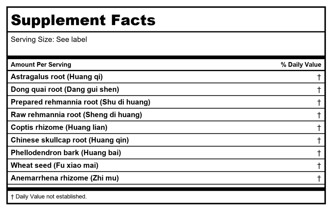 Kan Herb Alembic Herbals Dong Quai and Six Yellows Decoction 1 Ounce - Supplement Facts panel