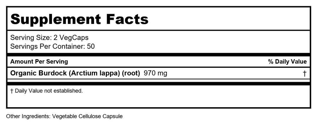 SOLARAY Burdock Root 485 mg | Healthy Liver, Kidney, Digestion, Circulation, Joint &amp; Skin Support | Non-GMO &amp; Vegan | 100 VegCaps - Supplement Facts panel