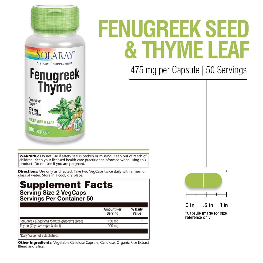 SOLARAY Fenugreek &amp; Thyme 950 mg - 100 VegCaps - Supplement Facts panel