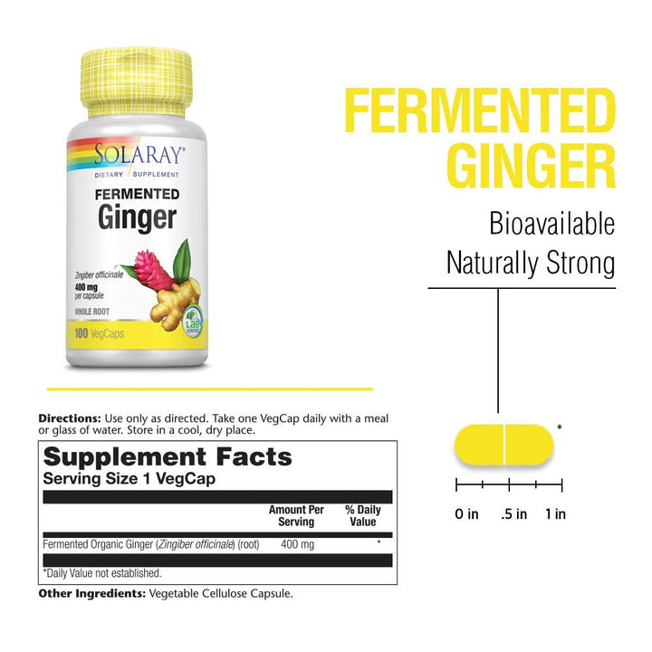 SOLARAY Fermented Ginger Root - 100 VegCaps, 400mg - Supplement Facts panel